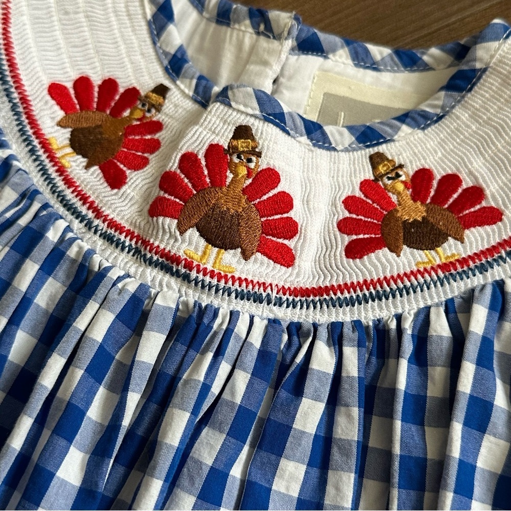 Lil Cactus | Girl Blue Check Turkey Smocked Dress | 4T - Picture 2 of 10